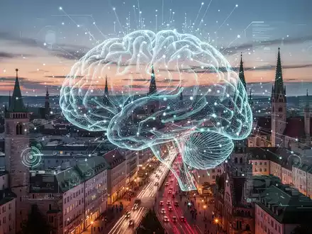 Stilisierte, leuchtende digitale Gehirn über moderner bayerischer Skyline in der Dämmerung, Symbol für KI und digitale Innovation. - Foto: über boerse-global.de