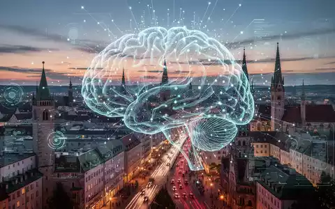 Stilisierte, leuchtende digitale Gehirn über moderner bayerischer Skyline in der Dämmerung, Symbol für KI und digitale Innovation. - Foto: über boerse-global.de