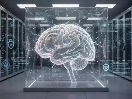 Glühendes, komplexes neuronales Netzwerk oder KI-Gehirn in einem Regierungsserverraum mit holografischen Datenströmen und Sicherheitsprotokollen. - Foto: über boerse-global.de