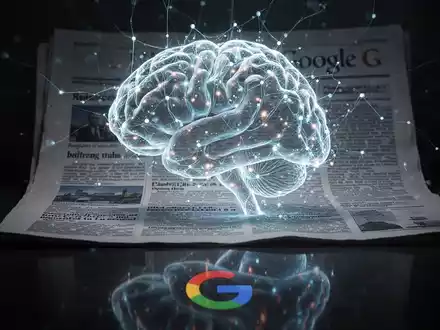 Leuchtendes neuronales Netz-Gehirn über Zeitung, symbolisiert KI-Interaktion mit Nachrichten. - Foto: über boerse-global.de