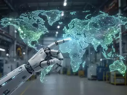 Menschliche Roboterhand interagiert mit holografischer Datenprojektion, Symbol für KI-Verkörperung in der Industrie. - Foto: über boerse-global.de