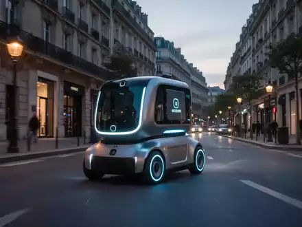 Futuristisches autonomes Lieferfahrzeug mit leuchtenden Lichtern fährt bei Dämmerung durch eine moderne europäische Stadtstraße. - Foto: über boerse-global.de