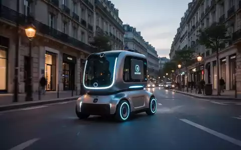 Futuristisches autonomes Lieferfahrzeug mit leuchtenden Lichtern fährt bei Dämmerung durch eine moderne europäische Stadtstraße. - Foto: über boerse-global.de