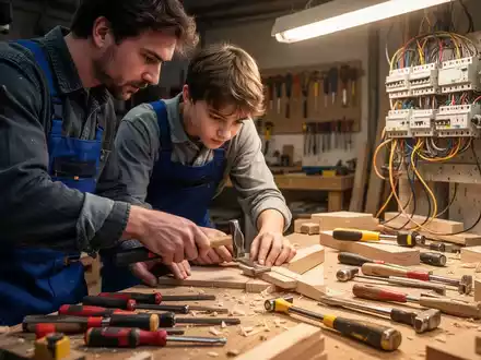 Ein erfahrener Handwerker zeigt einem jungen Lehrling in einer modernen Werkstatt, wie man ein Bauteil bearbeitet. - Foto: über boerse-global.de