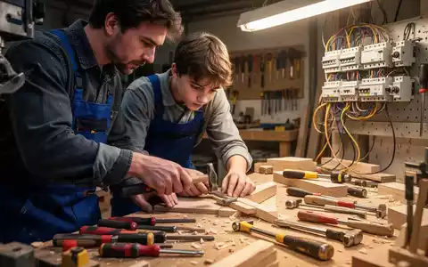 Ein erfahrener Handwerker zeigt einem jungen Lehrling in einer modernen Werkstatt, wie man ein Bauteil bearbeitet. - Foto: über boerse-global.de