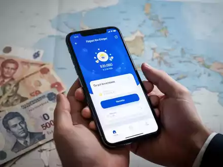 Eine Hand, die ein Smartphone mit einer digitalen Zahlungs-App hält, im Hintergrund unscharfe philippinische Pesos und eine Karte der Philippinen. - Foto: über boerse-global.de