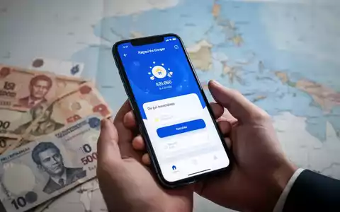 Eine Hand, die ein Smartphone mit einer digitalen Zahlungs-App hält, im Hintergrund unscharfe philippinische Pesos und eine Karte der Philippinen. - Foto: über boerse-global.de