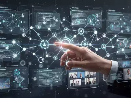 Eine Hand interagiert mit einer holografischen Benutzeroberfläche, die vernetzte Knoten und visuelle Informationen auf einer unendlichen Leinwand anzeigt. - Foto: über boerse-global.de