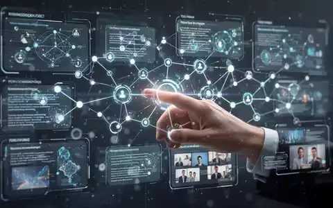 Eine Hand interagiert mit einer holografischen Benutzeroberfläche, die vernetzte Knoten und visuelle Informationen auf einer unendlichen Leinwand anzeigt. - Foto: über boerse-global.de