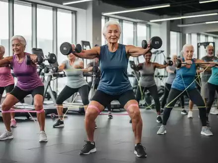 Ältere Menschen trainieren in einem Fitnessstudio mit leichten Gewichten und Widerstandsbändern, um die Muskeln zu stärken. - Foto: über boerse-global.de