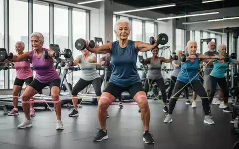 Ältere Menschen trainieren in einem Fitnessstudio mit leichten Gewichten und Widerstandsbändern, um die Muskeln zu stärken. - Foto: über boerse-global.de