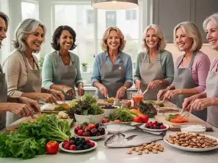 Gruppe von Frauen mittleren Alters, die in einer modernen Küche gesunde Mahlzeiten zubereiten, mit frischen Zutaten im Vordergrund. - Foto: über boerse-global.de
