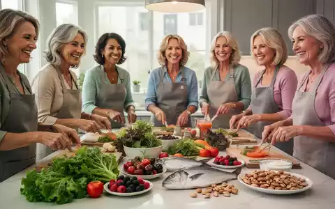 Gruppe von Frauen mittleren Alters, die in einer modernen Küche gesunde Mahlzeiten zubereiten, mit frischen Zutaten im Vordergrund. - Foto: über boerse-global.de