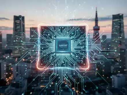 Ein stilisierter, leuchtender Quantencomputer-Chip vor der verschwommenen Skyline von Tokio bei Sonnenuntergang. - Foto: über boerse-global.de
