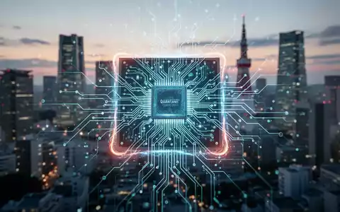 Ein stilisierter, leuchtender Quantencomputer-Chip vor der verschwommenen Skyline von Tokio bei Sonnenuntergang. - Foto: über boerse-global.de
