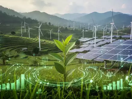 Eine grüne Landschaft in Vietnam mit Solarmodulen und digitalen Überlagerungen, die Wachstum und nachhaltige Investitionen symbolisieren. - Foto: über boerse-global.de