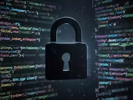 Ein dunkles, digitales Vorhängeschloss-Symbol über einem verschwommenen Hintergrund aus leuchtenden Codezeilen und Daten, das einen Ransomware-Angriff und Datenschutz symbolisiert. - Foto: über boerse-global.de