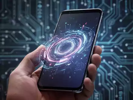 Nahaufnahme eines modernen Smartphones, vermutlich Samsung Galaxy A24, mit futuristischem UI vor unscharfem Tech-Hintergrund. - Foto: über boerse-global.de