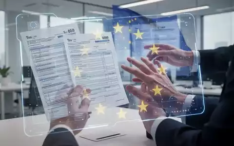 Leuchtendes digitales Interface mit Steuerformularen und Daten, Hände interagieren, dezentes EU-Flaggenmotiv. - Foto: über boerse-global.de