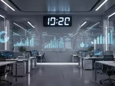 Eine stilvolle Büroumgebung mit einer digitalen Uhr, die Zeit anzeigt, und abstrakten Datenvisualisierungen im Hintergrund. - Foto: über boerse-global.de