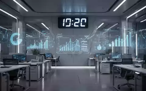 Eine stilvolle Büroumgebung mit einer digitalen Uhr, die Zeit anzeigt, und abstrakten Datenvisualisierungen im Hintergrund. - Foto: über boerse-global.de