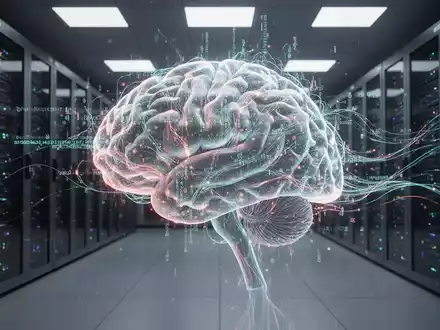Abstraktes, leuchtendes neuronales Netzwerk mit Codezeilen, das KI und Daten in einem High-Tech-Serverraum symbolisiert. - Foto: über boerse-global.de