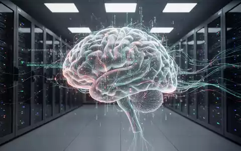 Abstraktes, leuchtendes neuronales Netzwerk mit Codezeilen, das KI und Daten in einem High-Tech-Serverraum symbolisiert. - Foto: über boerse-global.de