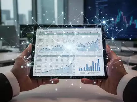 Stilisierte neuronale Netzstruktur über digitaler Tabelle, von Händen gehalten, symbolisiert KI-Integration in Finanzdatenanalyse. - Foto: über boerse-global.de