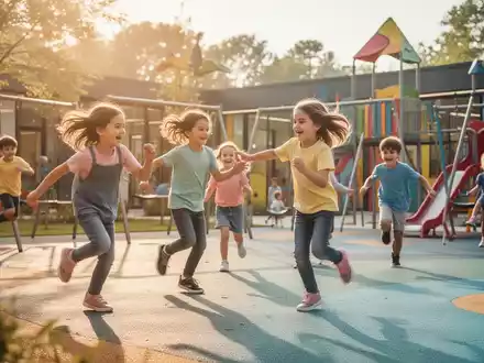 Kinder spielen und rennen ausgelassen auf einem modernen Kita-Spielplatz, umgeben von natürlicher Umgebung und warmem Sonnenlicht. - Foto: über boerse-global.de