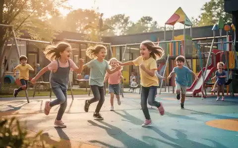 Kinder spielen und rennen ausgelassen auf einem modernen Kita-Spielplatz, umgeben von natürlicher Umgebung und warmem Sonnenlicht. - Foto: über boerse-global.de