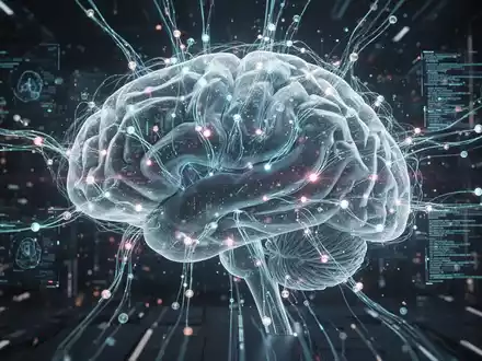 Leuchtendes, komplexes digitales Gehirn, das KI repräsentiert, mit Datenströmen zwischen verbundenen Knoten. - Foto: über boerse-global.de