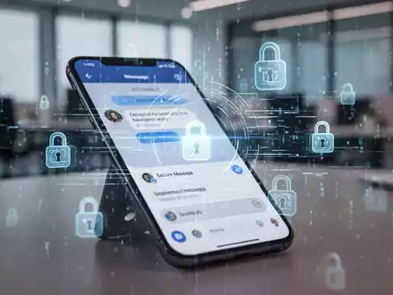 Ein Smartphone-Bildschirm mit einer Nachrichten-App und digitalen Sicherheitssymbolen, vor einem unscharfen Bürohintergrund. - Foto: über boerse-global.de