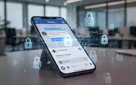 Ein Smartphone-Bildschirm mit einer Nachrichten-App und digitalen Sicherheitssymbolen, vor einem unscharfen Bürohintergrund. - Foto: über boerse-global.de