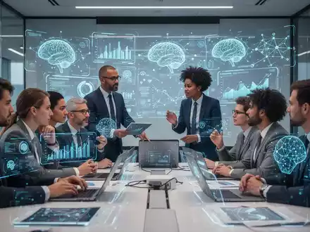 Geschäftsleute in einem modernen Büro, die an einer KI-Schulung teilnehmen, mit holografischen Schnittstellen und Datenvisualisierungen. - Foto: über boerse-global.de