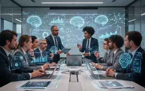 Geschäftsleute in einem modernen Büro, die an einer KI-Schulung teilnehmen, mit holografischen Schnittstellen und Datenvisualisierungen. - Foto: über boerse-global.de