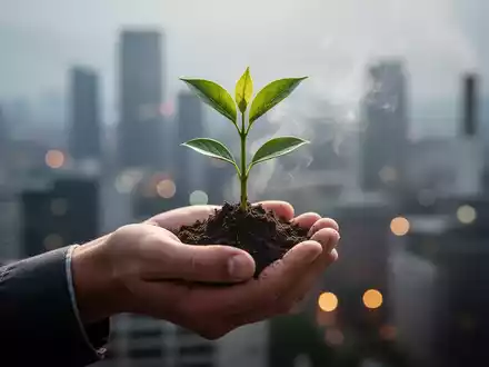 Eine Hand hält einen grünen Pflanzenspross, der Wachstum und Gesundheit symbolisiert, mit verschwommenen urbanen Elementen im Hintergrund. - Foto: über boerse-global.de