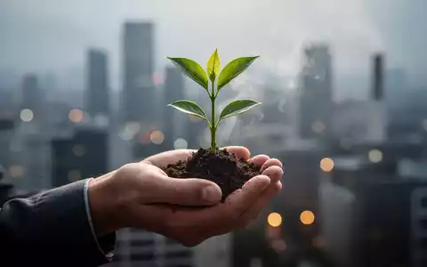 Eine Hand hält einen grünen Pflanzenspross, der Wachstum und Gesundheit symbolisiert, mit verschwommenen urbanen Elementen im Hintergrund. - Foto: über boerse-global.de