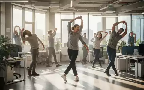 Mitarbeiter in einem modernen Büro machen eine kurze Bewegungspause, strecken sich und gehen, um Müdigkeit zu reduzieren. - Foto: über boerse-global.de