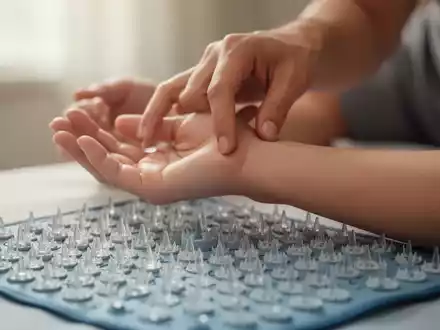 Nahaufnahme einer Akupressurmatte mit vielen Plastikspitzen, im Hintergrund eine Hand, die einen Druckpunkt am Handgelenk berührt. - Foto: über boerse-global.de