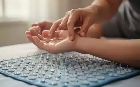 Nahaufnahme einer Akupressurmatte mit vielen Plastikspitzen, im Hintergrund eine Hand, die einen Druckpunkt am Handgelenk berührt. - Foto: über boerse-global.de