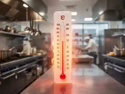 Ein Thermometer zeigt eine hohe Temperatur an, mit einer unscharfen modernen Großküche im Hintergrund. - Foto: über boerse-global.de