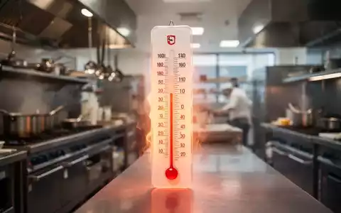 Ein Thermometer zeigt eine hohe Temperatur an, mit einer unscharfen modernen Großküche im Hintergrund. - Foto: über boerse-global.de