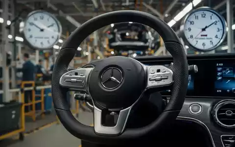 Nahaufnahme eines Mercedes-Benz Lenkrads mit verschwommenem Fabrikhintergrund und einer Uhr, die längere Arbeitszeiten anzeigt. - Foto: über boerse-global.de