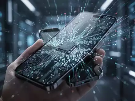 Eine Hand hält ein futuristisches Smartphone, dessen Bildschirm komplexe Leiterplattenmuster und leuchtende digitale Datenströme reflektiert, was fortschrittliche Technologie und Hardware-Innovation symbolisiert. - Foto: über boerse-global.de