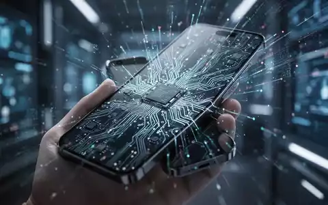 Eine Hand hält ein futuristisches Smartphone, dessen Bildschirm komplexe Leiterplattenmuster und leuchtende digitale Datenströme reflektiert, was fortschrittliche Technologie und Hardware-Innovation symbolisiert. - Foto: über boerse-global.de