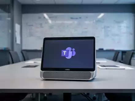 Cisco Desk Pro Gen. 2 Gerät mit Microsoft Teams-Logo auf dem Bildschirm, in einem modernen Büro-Meetingraum. - Foto: über boerse-global.de
