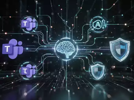 Abstraktes digitales Netzwerk mit leuchtenden Linien, die Symbole für Microsoft Teams, KI und Sicherheitsschilder verbinden, symbolisiert Daten-Governance. - Foto: über boerse-global.de