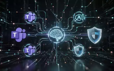 Abstraktes digitales Netzwerk mit leuchtenden Linien, die Symbole für Microsoft Teams, KI und Sicherheitsschilder verbinden, symbolisiert Daten-Governance. - Foto: über boerse-global.de