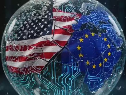 Zerbrochene Glaskugel mit Leiterplattenmuster spiegelt fragmentierte US- und EU-Flaggen, symbolisiert digitale Steuer- und Handelskonflikte. - Foto: über boerse-global.de