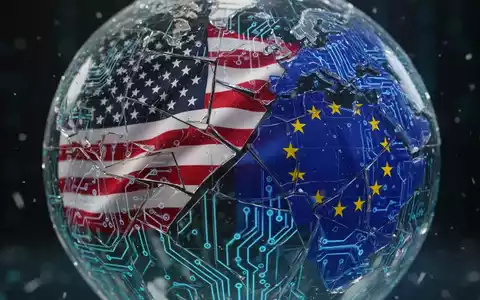 Zerbrochene Glaskugel mit Leiterplattenmuster spiegelt fragmentierte US- und EU-Flaggen, symbolisiert digitale Steuer- und Handelskonflikte. - Foto: über boerse-global.de